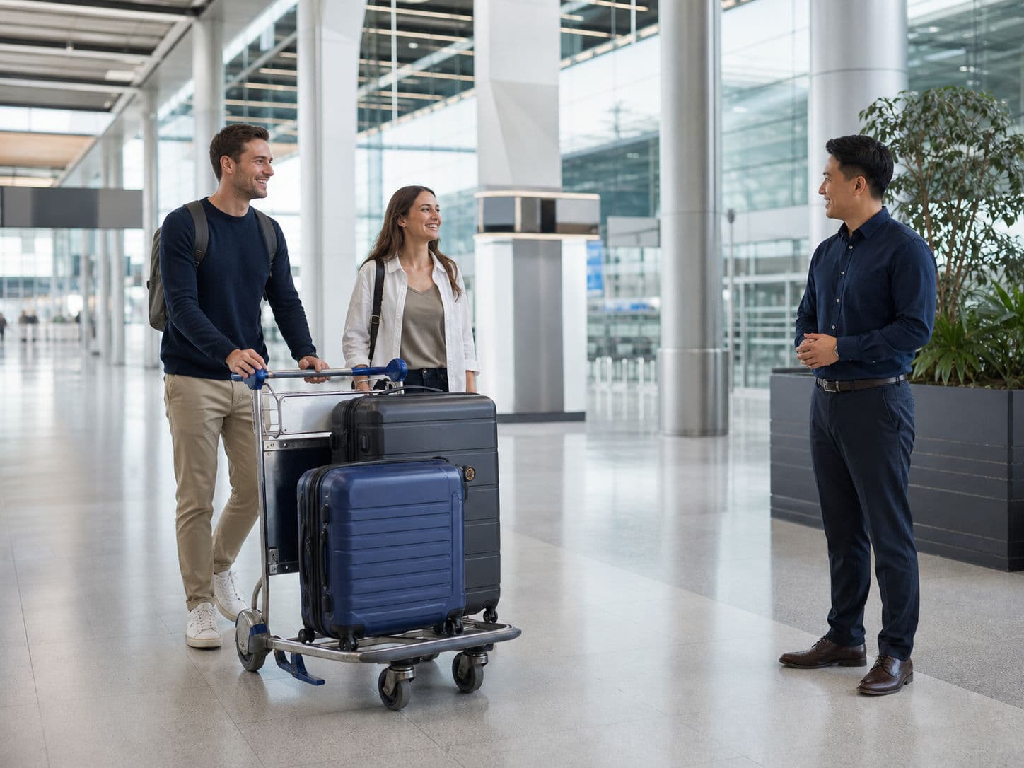 Travellers with luggage meeting a private transportation coordinator inside a Bangkok airport arrival hall