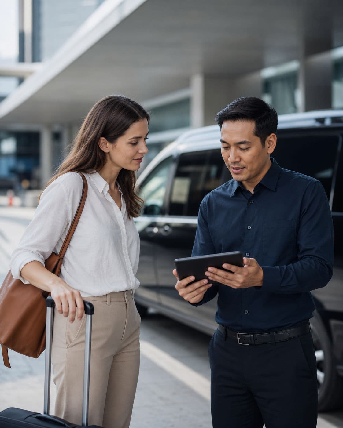 International traveller reviewing transportation details with a Nexago coordinator beside a private vehicle