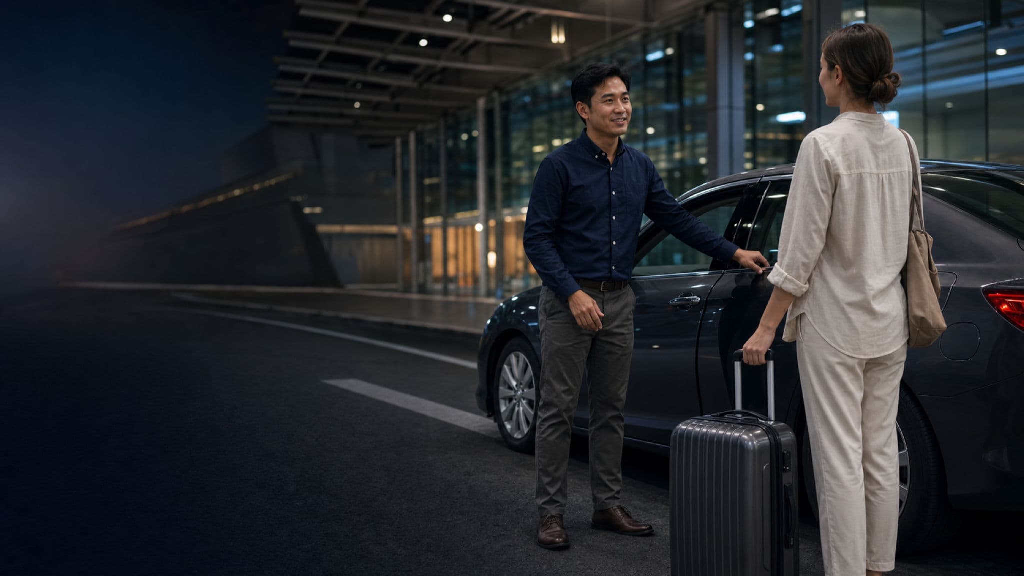 International traveler meeting a private transport coordinator beside a car at Bangkok airport