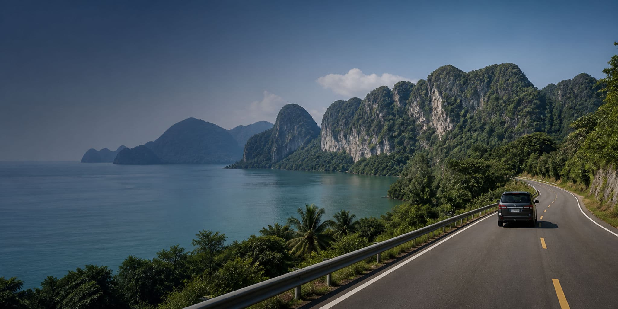 Private vehicle traveling on a coastal road in Thailand