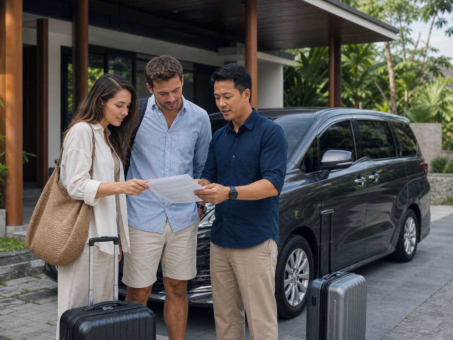 Travelers reviewing a custom itinerary beside a private vehicle