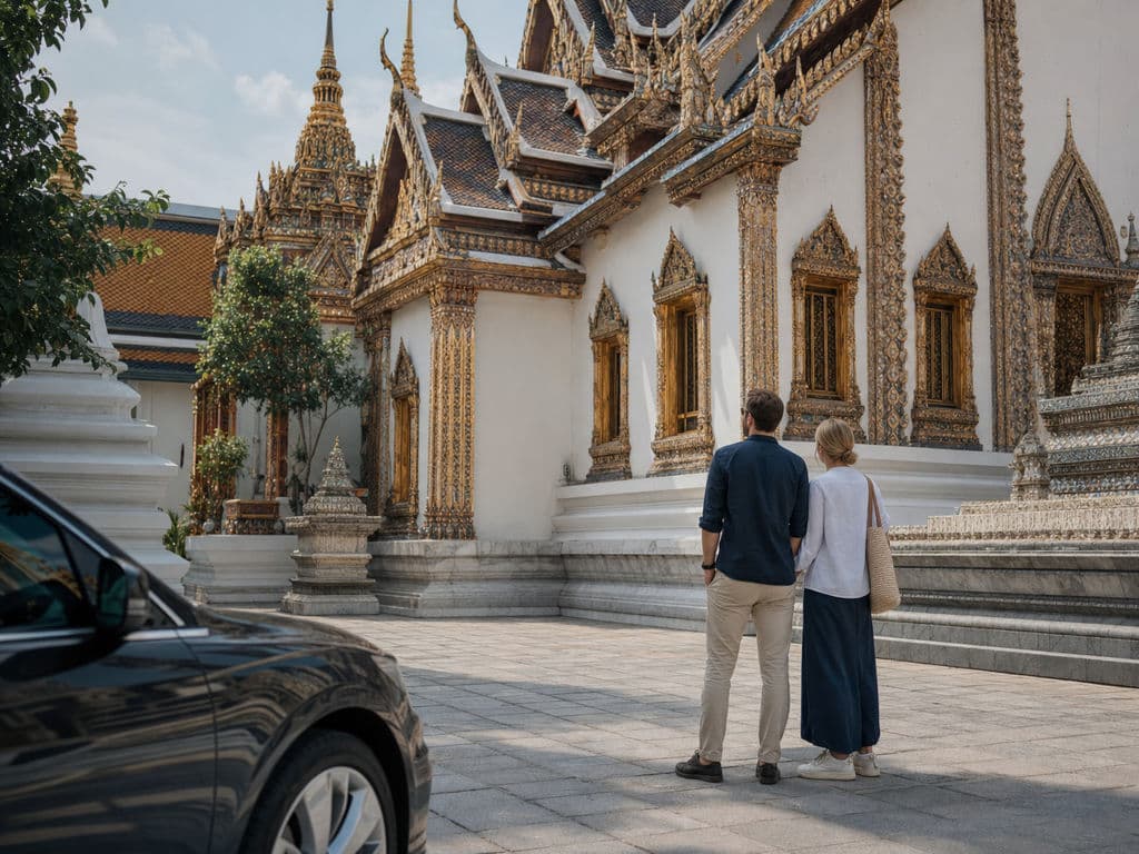Travelers visiting Bangkok cultural sights with private transportation