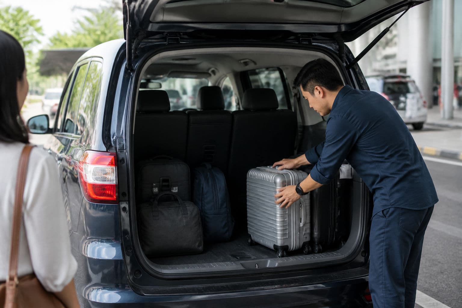 Luggage being arranged in the cargo area of a private vehicle