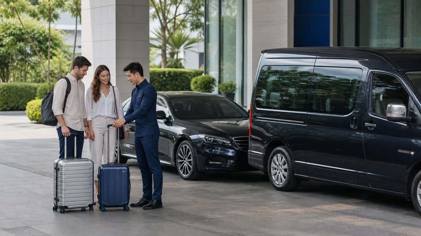 Travellers comparing luggage needs with a private transportation coordinator beside a sedan and passenger van